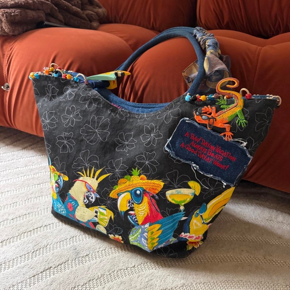 VTG Caribbean Soul Parrot Party Beach Tote Bag Denim Canvas Lizard Charm Slouchy